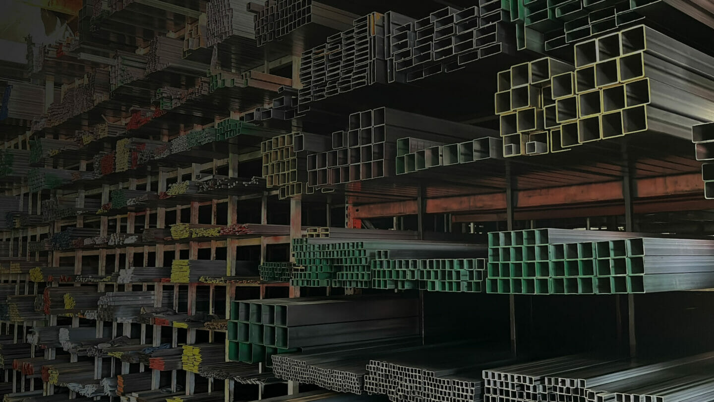 Rack full of different variations of steel bars and tubing